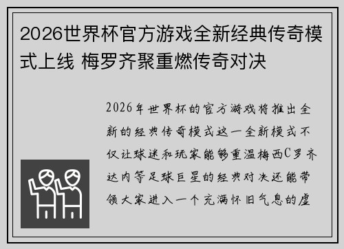 2026世界杯官方游戏全新经典传奇模式上线 梅罗齐聚重燃传奇对决